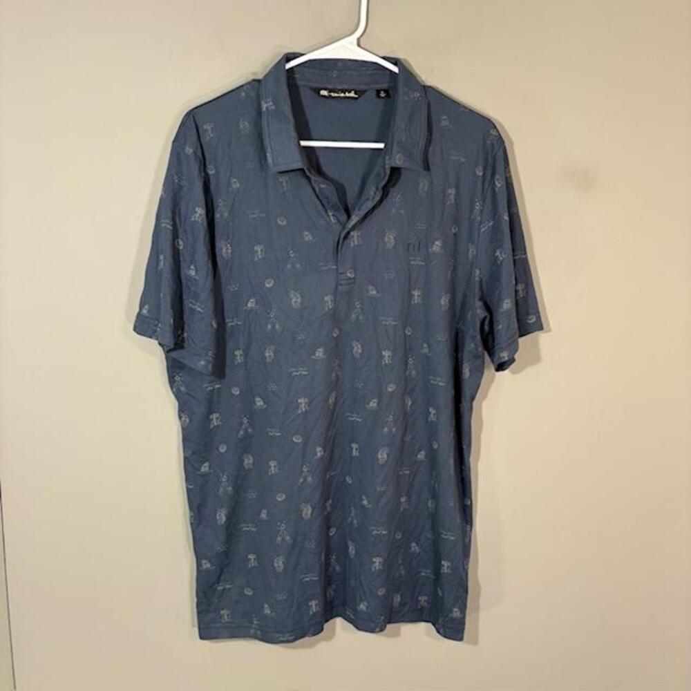 TravisMathew Polo Shirt Mens XL Blue Graphic Beer Print Golf Pima Cotton Top
